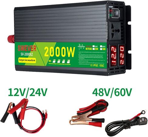 محول طاقة بموجة جيبية نقية 2000 واط، تيار مستمر 48 فولت إلى تيار متردد 110 فولت، محول طاقة السيارة مع شاشة LED رقمية للسيارة RV والنظام الشمسي المنزلي والطوارئ (2000 واط، 48 فولت) in Kuwait
