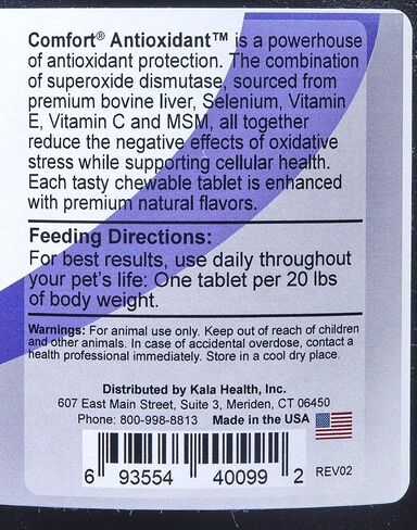 Kala Health COMFORT Antioxidant Supplement for Dogs, 1,000 Count, Immune Support and Helps Reduce Skin Allergies, Contains: MSM, Superoxide Dismutase, Selenium and Vitamin C & E, Made in The US in Saudi Arabia