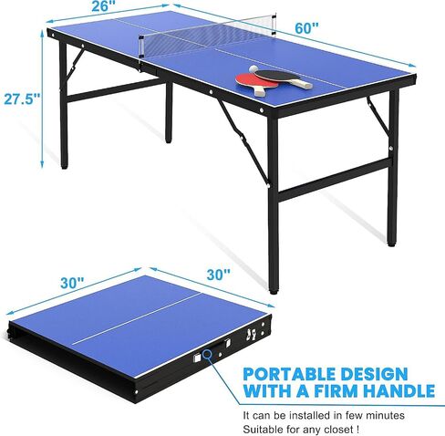 GAOMON Portable Table Tennis Table, Mid-Size Ping Pong Table for Indoor Outdoor Foldable Table Tennis Table with Net, Blue, No Assembly Required,60 x 26 x 27.5inch in Saudi Arabia