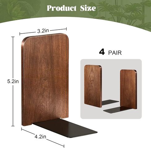 Eaasty 4 Pairs Wood Book Ends Walnut Bookends Sturdy Book Stoppers Book Holder Office Desk Decor Wood Desk Accessories Large Office Book Stand for Books, Decorative Book Shelf, 5.2 x 3.2 x 4.2 Inches in Saudi Arabia