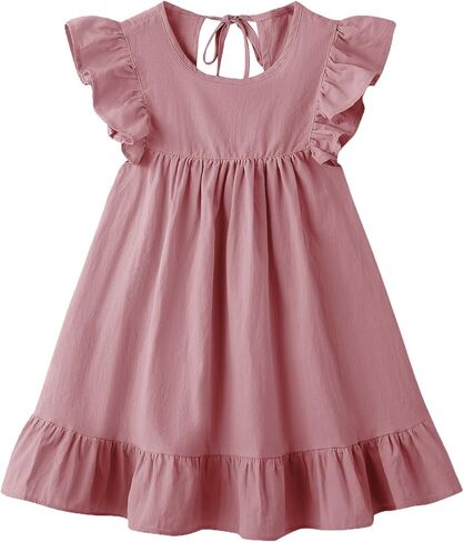 فستان LYXIOF للأطفال الصغار من القطن والكتان بأكمام مكشكشة بدون أكمام فساتين كاجوال للأطفال وردي داكن 90 سم in Kuwait