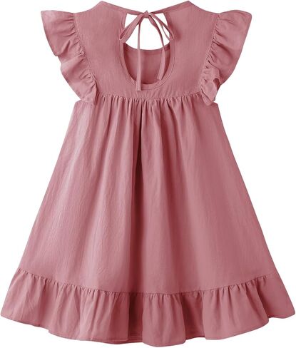 فستان LYXIOF للأطفال الصغار من القطن والكتان بأكمام مكشكشة بدون أكمام فساتين كاجوال للأطفال وردي داكن 90 سم in Kuwait