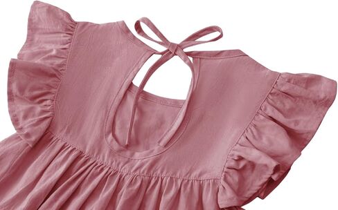 فستان LYXIOF للأطفال الصغار من القطن والكتان بأكمام مكشكشة بدون أكمام فساتين كاجوال للأطفال وردي داكن 90 سم in Kuwait