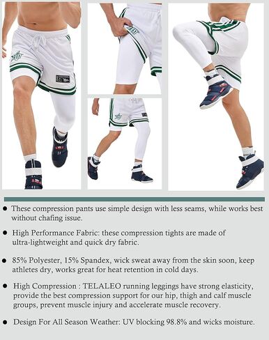 4 قطع من السراويل الضيقة للرجال 3/4 ساق واحدة لكرة السلة وأكمام الساق، سراويل رياضية بطبقة أساسية ملابس داخلية Capris in Kuwait