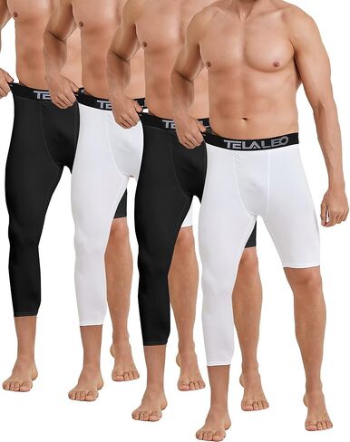 4 Pack Men's 3/4 One Leg Compression Tights Pants for Basketball Leg Sleeve Leggings Athletic Base Layer Underwear Capris in Saudi Arabia