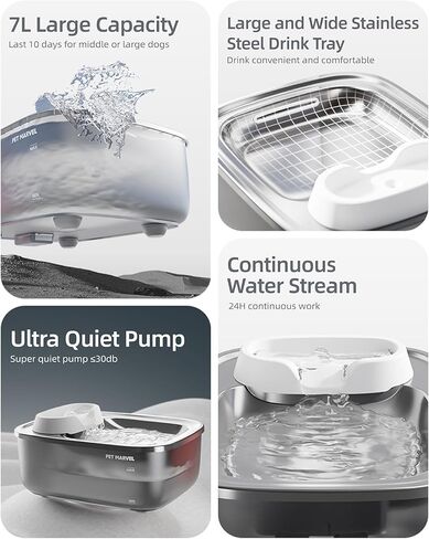 نافورة مياه للكلاب من بت مارفل بسعة 7 لتر/1.8 جالون للكلاب الكبيرة والحيوانات الأليفة المتعددة، صينية مياه من الفولاذ المقاوم للصدأ موزعة تلقائيًا لوعاء الماء، سهلة التنظيف والتجميع مع مضخة و5 قطع فلتر F1 in Kuwait