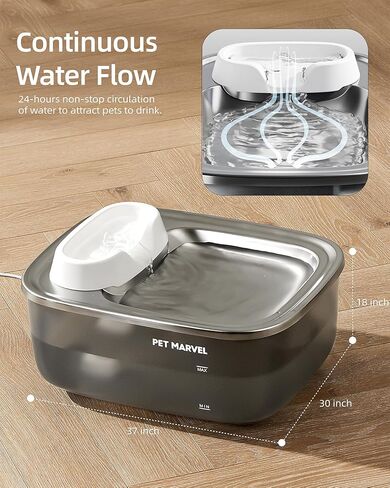 نافورة مياه للكلاب من بت مارفل بسعة 7 لتر/1.8 جالون للكلاب الكبيرة والحيوانات الأليفة المتعددة، صينية مياه من الفولاذ المقاوم للصدأ موزعة تلقائيًا لوعاء الماء، سهلة التنظيف والتجميع مع مضخة و5 قطع فلتر F1 in Kuwait