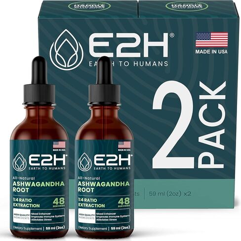 قطرات سائل أشواغاندا E2H - مكمل أشواغاندا طبيعي بالكامل لتخفيف التوتر وتحسين المزاج - مستخلص جذر أشواغاندا العضوي مدير فعال للكورتيزول | غير معدل وراثيًا، نباتي | 2 أونصة سائلة in Kuwait