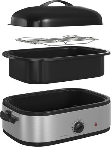 فرن شواء كهربائي سعة 14 لترًا مع وظيفة طباخ بطيء، بوفيه فرن شواء ديك رومي مع غطاء ذاتي التغطية، مقلاة قابلة للإزالة، مقابض باردة الملمس، سهل التنظيف، فضي in Kuwait