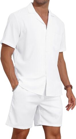 YTD Men's 2 Pieces Shirt Set Short Sleeve Button Down Casual Hippie Holiday Beach T-Shirts Shorts Outfits in Saudi Arabia