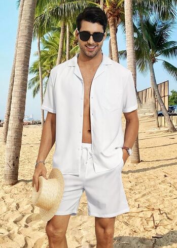 YTD Men's 2 Pieces Shirt Set Short Sleeve Button Down Casual Hippie Holiday Beach T-Shirts Shorts Outfits in Saudi Arabia