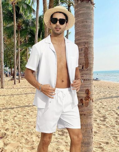 YTD Men's 2 Pieces Shirt Set Short Sleeve Button Down Casual Hippie Holiday Beach T-Shirts Shorts Outfits in Saudi Arabia