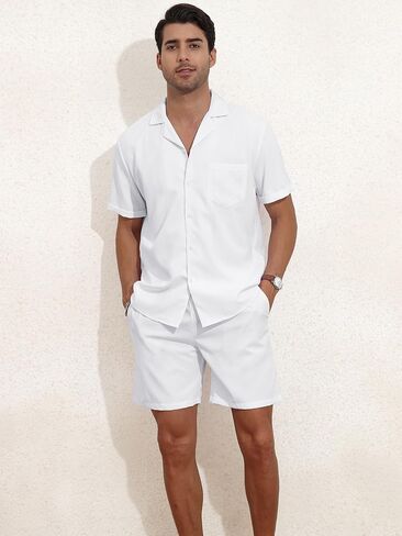 YTD Men's 2 Pieces Shirt Set Short Sleeve Button Down Casual Hippie Holiday Beach T-Shirts Shorts Outfits in Saudi Arabia