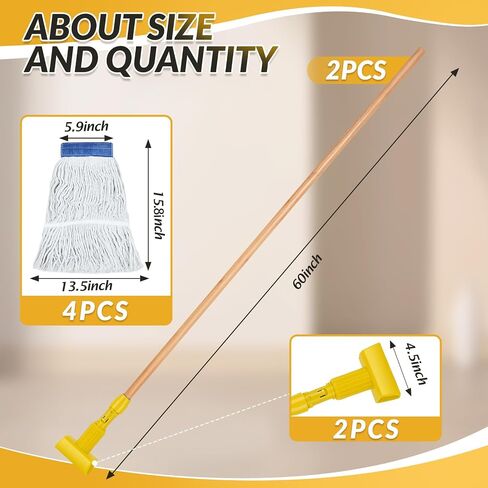 Suzile 6 Pcs Commercial Wooden Mop Industrial Cotton Mop Heads Replacement Wet Floor Cleaning Mop Include 2 Pcs 60" Long Mop Handle with Jaw Clamp 4 Pcs Interchangeable Mop Head for Home Office in Saudi Arabia