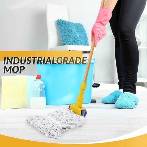 Suzile 6 Pcs Commercial Wooden Mop Industrial Cotton Mop Heads Replacement Wet Floor Cleaning Mop Include 2 Pcs 60" Long Mop Handle with Jaw Clamp 4 Pcs Interchangeable Mop Head for Home Office in Saudi Arabia