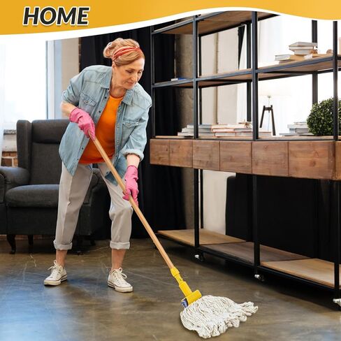 Suzile 6 Pcs Commercial Wooden Mop Industrial Cotton Mop Heads Replacement Wet Floor Cleaning Mop Include 2 Pcs 60" Long Mop Handle with Jaw Clamp 4 Pcs Interchangeable Mop Head for Home Office in Saudi Arabia