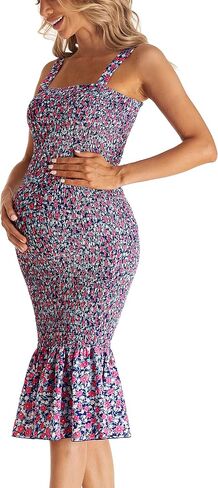 فستان صيفي بدون أكمام للحوامل بدون أكمام Strappy الأزهار ميدي Bodycon رقبة مربعة كشكش حورية البحر فستان سموكيد لاستحمام الطفل in Kuwait