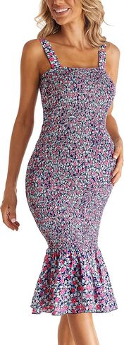 فستان صيفي بدون أكمام للحوامل بدون أكمام Strappy الأزهار ميدي Bodycon رقبة مربعة كشكش حورية البحر فستان سموكيد لاستحمام الطفل in Kuwait