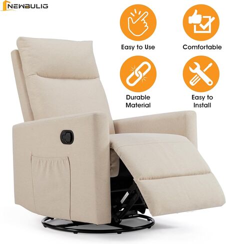 NEWBULIG Swivel Glider Recliner Nursery Rocker Chair with Extra Large Footrest and Upholstered Seat, Beige in Kuwait