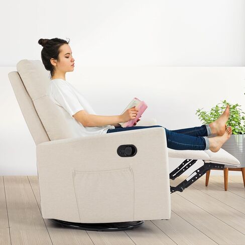 NEWBULIG Swivel Glider Recliner Nursery Rocker Chair with Extra Large Footrest and Upholstered Seat, Beige in Kuwait
