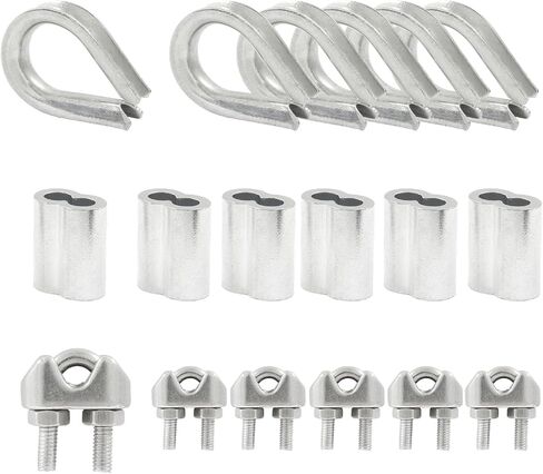 LifCratms 18Pcs M6 (1/4") Wire Rope Accessory Set, M6 Stainless Steel Wire Rope Cable Clip Clamp Stainless Steel Thimble Aluminum Crimping Loop Sleeve for 1/4 Inch Wire Rope Cable (Each 6Pcs) in Saudi Arabia