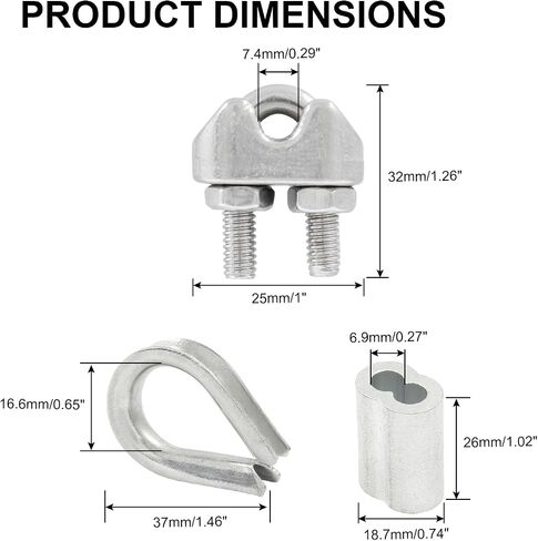 LifCratms 18Pcs M6 (1/4") Wire Rope Accessory Set, M6 Stainless Steel Wire Rope Cable Clip Clamp Stainless Steel Thimble Aluminum Crimping Loop Sleeve for 1/4 Inch Wire Rope Cable (Each 6Pcs) in Saudi Arabia