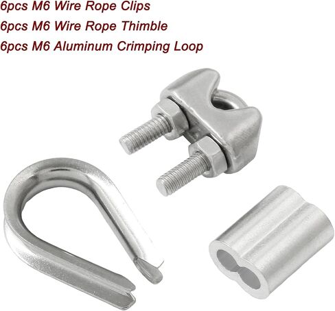 LifCratms 18Pcs M6 (1/4") Wire Rope Accessory Set, M6 Stainless Steel Wire Rope Cable Clip Clamp Stainless Steel Thimble Aluminum Crimping Loop Sleeve for 1/4 Inch Wire Rope Cable (Each 6Pcs) in Saudi Arabia