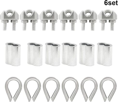 LifCratms 18Pcs M6 (1/4") Wire Rope Accessory Set, M6 Stainless Steel Wire Rope Cable Clip Clamp Stainless Steel Thimble Aluminum Crimping Loop Sleeve for 1/4 Inch Wire Rope Cable (Each 6Pcs) in Saudi Arabia