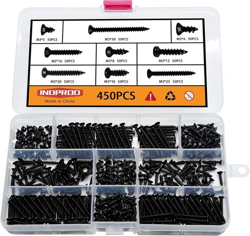 Indprod M4 Flat Head Self Tapping Wood Screws Assortment Fasteners Kit 360Pcs,Phillips Drive Countersunk Head Self-Tapping Screws,Carbon Steel in Saudi Arabia