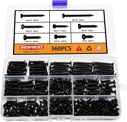 Indprod M4 Flat Head Self Tapping Wood Screws Assortment Fasteners Kit 360Pcs,Phillips Drive Countersunk Head Self-Tapping Screws,Carbon Steel in Saudi Arabia