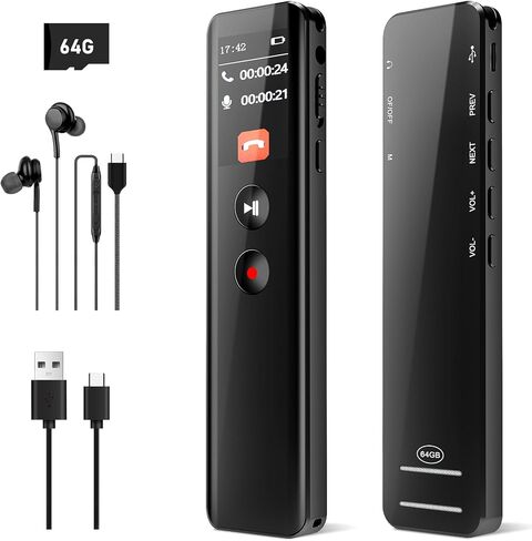 مسجل صوت 64 جيجابايت، جهاز تسجيل 3072 كيلو بايت في الثانية، مسجل صوت بخاصية إلغاء الضوضاء مع التشغيل، MP3، كلمة المرور، مسجل صوتي منشط للمقابلات والمحاضرات (n5) in Kuwait