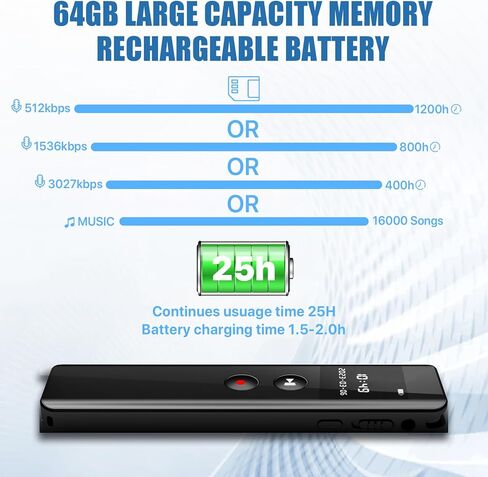 مسجل صوت 64 جيجابايت، جهاز تسجيل 3072 كيلو بايت في الثانية، مسجل صوت بخاصية إلغاء الضوضاء مع التشغيل، MP3، كلمة المرور، مسجل صوتي منشط للمقابلات والمحاضرات (n5) in Kuwait