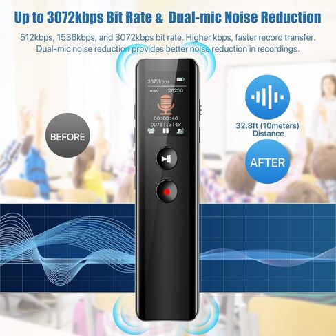 مسجل صوت 64 جيجابايت، جهاز تسجيل 3072 كيلو بايت في الثانية، مسجل صوت بخاصية إلغاء الضوضاء مع التشغيل، MP3، كلمة المرور، مسجل صوتي منشط للمقابلات والمحاضرات (n5) in Kuwait