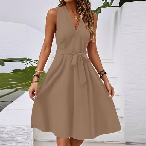 Women's Summer Sundress 2025 V-Neck Sleeveless Solid Empire Waist Tie Beach A Line Dress, S-2XL in Saudi Arabia