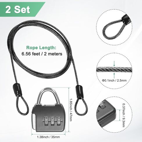 2-Set Security Cable Lock with 3 Digit Combination Lock, 6.56FT PVC Coated Steel Luggage Lock Wire Rope for Luggage Suitcase/Outdoor Travel/Bike, Double Loop Cable [Black+Silver] in Saudi Arabia