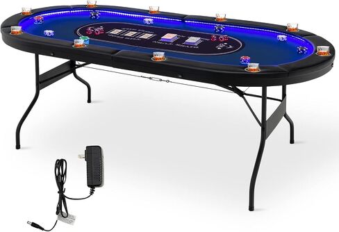 Giantex 10 لاعبين طاولة البوكر مع حامل الكأس، طاولة الترفيه كازينو قابلة للطي مع 4 منافذ USB، أضواء إضافية، سهلة التجميع، طاولات لعبة البوكر قابلة للطي لتكساس، ألعاب الورق، أزرق in Kuwait