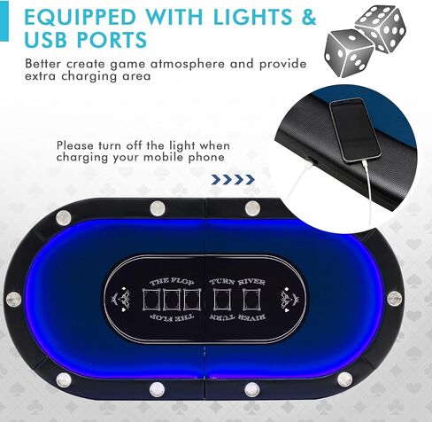 Giantex 10 لاعبين طاولة البوكر مع حامل الكأس، طاولة الترفيه كازينو قابلة للطي مع 4 منافذ USB، أضواء إضافية، سهلة التجميع، طاولات لعبة البوكر قابلة للطي لتكساس، ألعاب الورق، أزرق in Kuwait