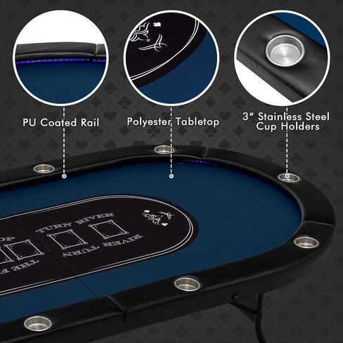 Giantex 10 لاعبين طاولة البوكر مع حامل الكأس، طاولة الترفيه كازينو قابلة للطي مع 4 منافذ USB، أضواء إضافية، سهلة التجميع، طاولات لعبة البوكر قابلة للطي لتكساس، ألعاب الورق، أزرق in Kuwait