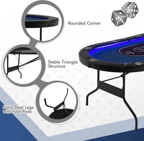 Giantex 10 لاعبين طاولة البوكر مع حامل الكأس، طاولة الترفيه كازينو قابلة للطي مع 4 منافذ USB، أضواء إضافية، سهلة التجميع، طاولات لعبة البوكر قابلة للطي لتكساس، ألعاب الورق، أزرق in Kuwait