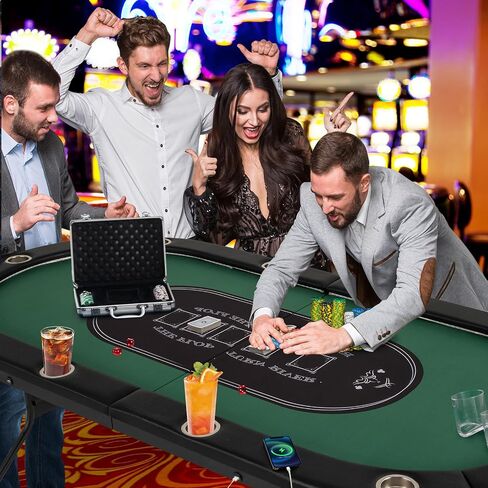 Giantex 10 Players Poker Table with Cup Holder, Folding Casino Leisure Table with 4 USB Ports, Extra Lights, Easy to Assemble, Foldable Game Poker Tables for Texas, Card Games, Blue in Saudi Arabia