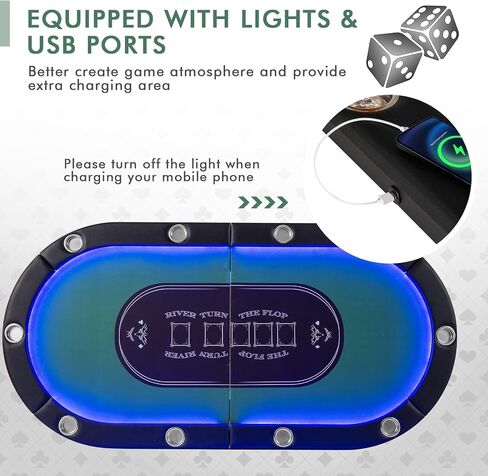 Giantex 10 Players Poker Table with Cup Holder, Folding Casino Leisure Table with 4 USB Ports, Extra Lights, Easy to Assemble, Foldable Game Poker Tables for Texas, Card Games, Blue in Saudi Arabia