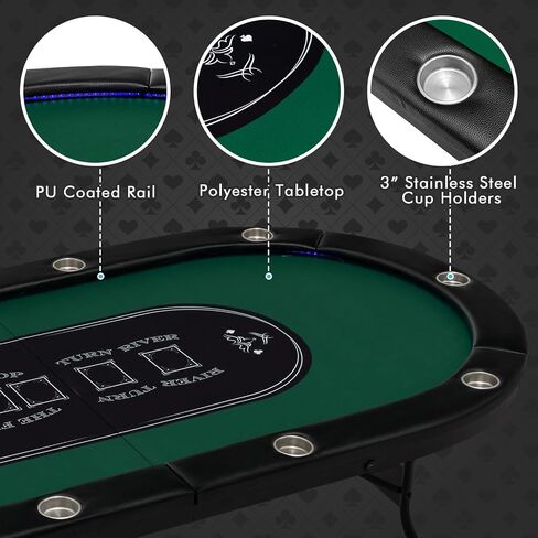 Giantex 10 Players Poker Table with Cup Holder, Folding Casino Leisure Table with 4 USB Ports, Extra Lights, Easy to Assemble, Foldable Game Poker Tables for Texas, Card Games, Blue in Saudi Arabia