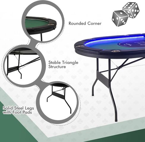 Giantex 10 Players Poker Table with Cup Holder, Folding Casino Leisure Table with 4 USB Ports, Extra Lights, Easy to Assemble, Foldable Game Poker Tables for Texas, Card Games, Blue in Saudi Arabia