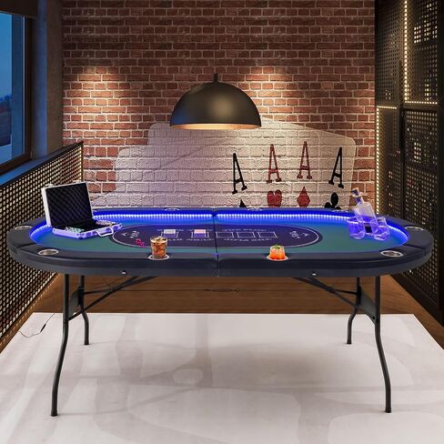 Giantex 10 Players Poker Table with Cup Holder, Folding Casino Leisure Table with 4 USB Ports, Extra Lights, Easy to Assemble, Foldable Game Poker Tables for Texas, Card Games, Blue in Saudi Arabia