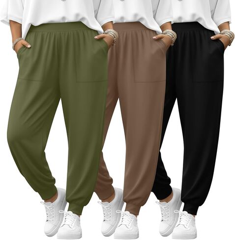 3 Pack Women's Plus Size Lounge Joggers with Patch Pockets, High Elastic Waisted Loose Casual Sweatpants Yoga Pants in Kuwait