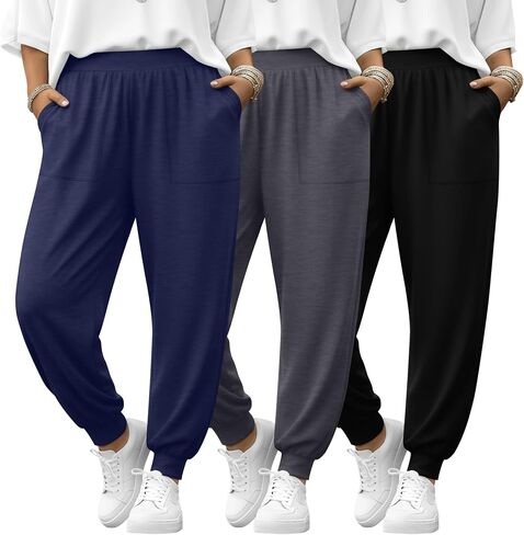 3 Pack Women's Plus Size Lounge Joggers with Patch Pockets, High Elastic Waisted Loose Casual Sweatpants Yoga Pants in Kuwait