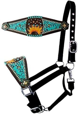 Showman Bronc Halter w/Painted Sunflower Accent & Teal Filigree Inlay, Average Full Size Horse in Saudi Arabia