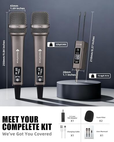 Wireless Microphones, Professional Karaoke Microphone, Dual-Mic UHF System with 260ft Range, All-Metal Portable Microphone for Singing, Speaking, Meetings and Events in Kuwait