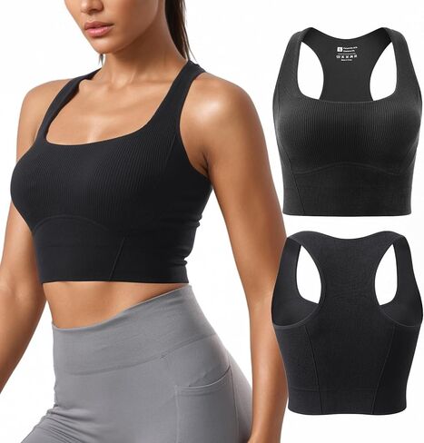 Women Square Neckline Sports Bra Padded Basic Workout Y-Back Racerback Cropped Tank Top in Saudi Arabia