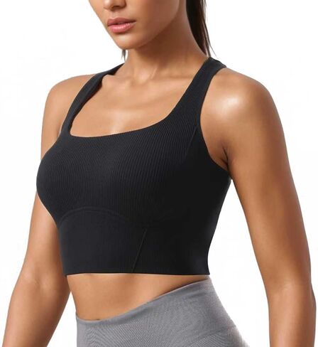 Women Square Neckline Sports Bra Padded Basic Workout Y-Back Racerback Cropped Tank Top in Saudi Arabia